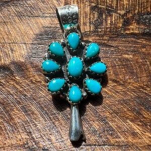 Sterling Silver Kingman Turquoise Cluster Squash Blossom Pendant Southwest